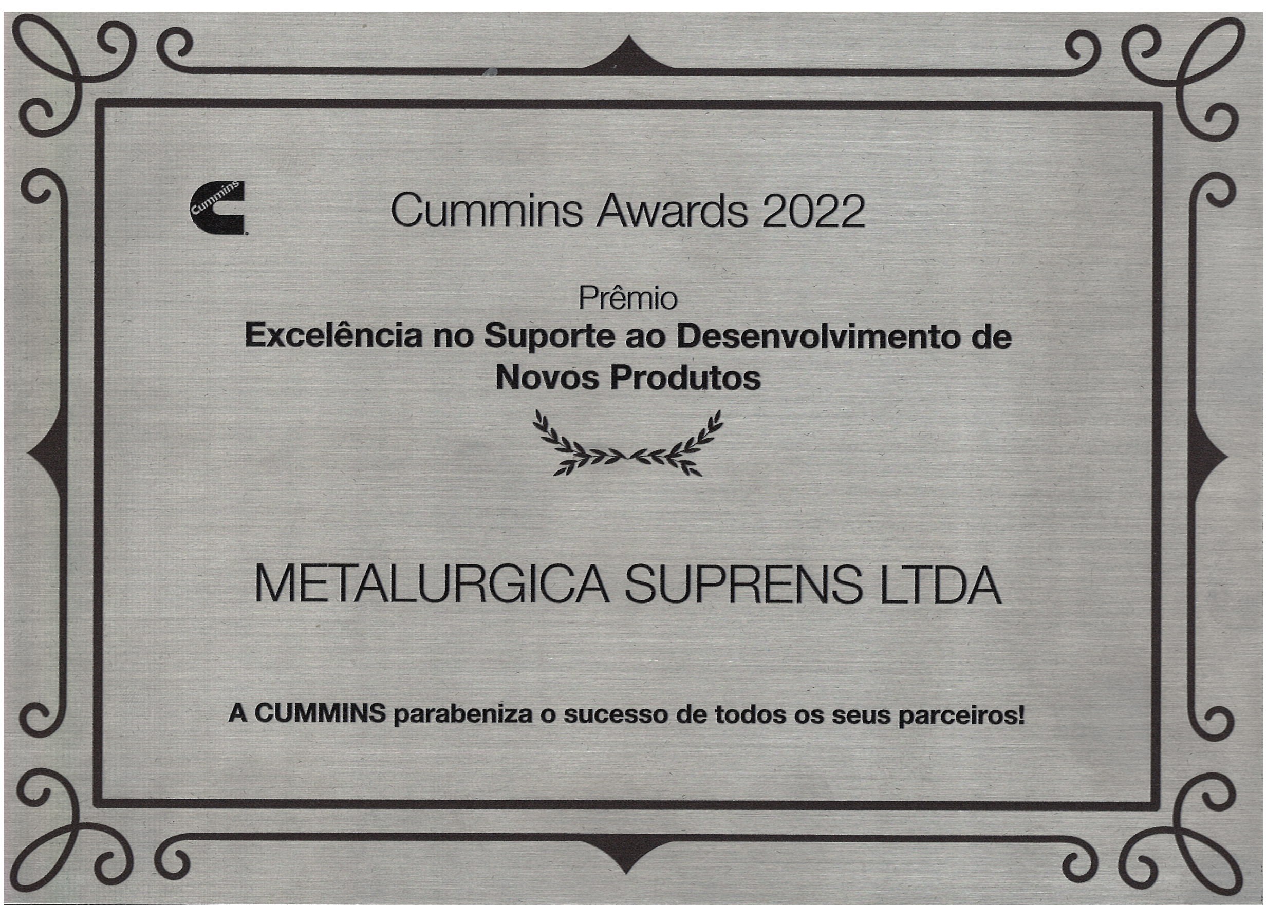 Placa Cummins Awards 2022 — Prêmio Excelência no Suporte ao Desenvolvimento de Novos Produtos