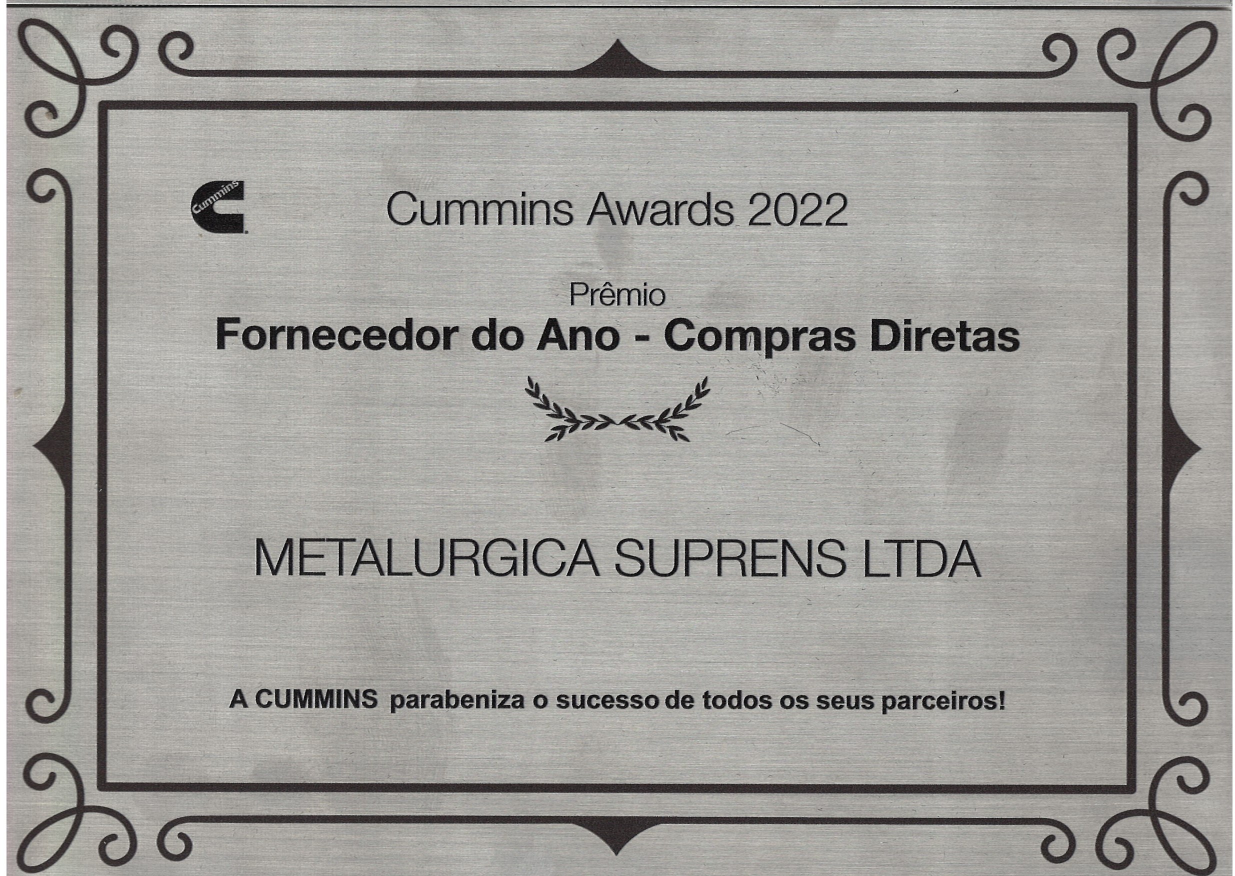 Placa Cummins Awards 2022 — Prêmio Fornecedor do Ano, Compras Diretas